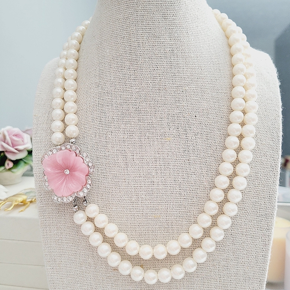 VINTAGE KLJ pink pansy double strand faux pearl necklace and earrings set - Picture 2 of 14